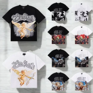 Top Quality 100%Cotton 250GSM Tshirt Mixed EMOTION Retro Loose T Shirt Vintage Angel Graffiti Printed Rhinestones Men’s T-shirt