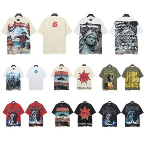 Top Quality Heavyweight 100% Cotton Tshirt Retro Loose T Shirt Brick Graffiti Printed Rhinestones Men’s T-shirt