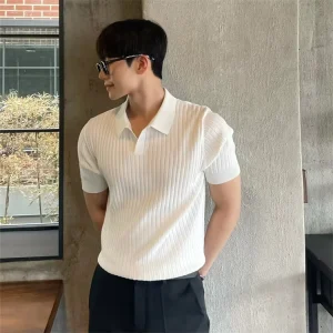 Trend Summer Lapel T shirt Men’s Solid Color All in one Knit Top Polo Shirt