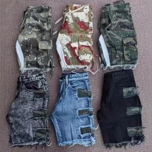 Trending Breathable Camouflage Ripped Frayed Hem Cargo Denim Shorts Casual Summer Men’s Half Pants Streetwear Outdoor Wear