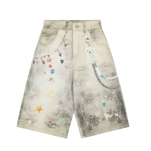 Trendy American-Style Casual Men’s Denim Shorts Mid Waist Woven Distressed Straight Button Quick Dry 100% Cotton Summer