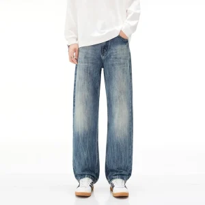 Trendy Brand Loose Fit Men’s Vintage Blue Jeans Breathable Denim Light Washed Mid Waist Wide Leg Casual Design for Autumn Winter