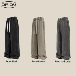 Trendy Brand Men’s Retro Sweatpants 380g Cotton Loose Distressed Pants with Personality Stitching Casual Loose Edge Pants