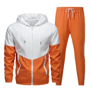 Trendy Design Color Block Zip Up Tracksuit Men’s Workout Fitness Hooded Tracksuit Set For Young Gym Training Evening Running