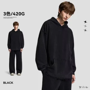 Trendy Men’s Autumn and Winter 420G Hooded Sweatshirt Loose Washable and Distressed Solid Color Looped Casual Men’s Hoodie