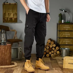 Trendy Men’s Cotton Spandex Drawstring Closure High Street Cargo Pants Loose Fit Elastic Cuff Joggers Tactical Outdoor Casual