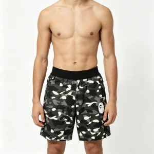 Trendy Men’s Summer Knitted Beach Shorts Shark Head Yellow Camouflage Print Board Shorts Mid Waist Quick Dry Casual Swimwear
