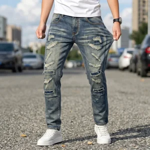 Trendy Men’s Zigzag Ripped Denim Pants Faded Wash Straight Leg Jeans with Frayed Details Skate Style OEM Manufacturer