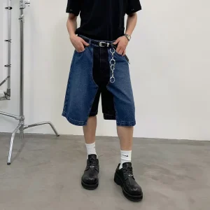 Trendy Retro Indigo Patchwork Loose Mid Waist Men’s Denim Shorts OEM