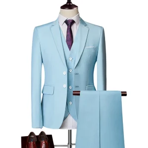 Turkish Men’s Wedding Tuxedo Classic Formal 3 Piece Slim Fit Blazer Pants Suit for Adults V Neck Collar