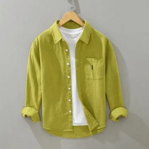 Turnover Collar Ramie Shirt Men’s Casual Breathable Top Fashionable Cotton and Linen Solid Color Loose Jacket T-shirts for Men