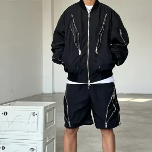 Two-Piece Set Custom Embroidered Printed Logo Nylon Zipper Decor Sportswear Men’s Windbreaker Hooded Shorts Suit