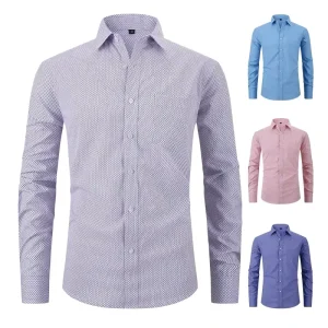 USA Size Breathable Yarn Dyed Elastic Long-Sleeve Shirts for Men Spring Casual Office Wear
