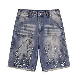 Unisex Denim Rhinestone Plaid Wide Leg Oversized Sporty Shorts Elastic Waist Breathable Anti Wrinkle Quick Dry Knitted Cargo