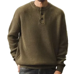 Unisex Men’s Casual Solid Color Knitted Tops Autumn Winter Warm Pullover Sweater Button Decoration Knitwear