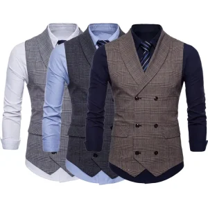 V Neck Double Breasted Vest Slim Fit Plaid Waistcoat Casual Vests for Men