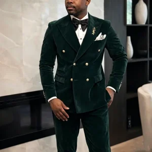 Velvet Men Two Piece Suit Double Breasted Gold Buttons Blazer and Pants Luxury Wedding Groom Evening Party Prom Tuxedo