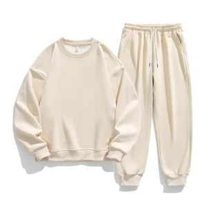 Versatile Loose Solid Color Breathable Autumn Men’s Round Neck Long Sleeved Sweatshirt Set