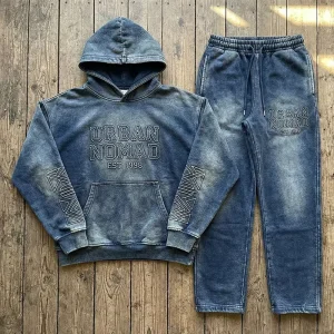 Vintage 100% Cotton Knitted Distressed Acid Wash Streetwear Hoodie Set with Embroidered Applique Patch