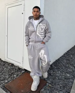 Vintage Acid Wash Puff Print Men’s 2 Piece Sweatsuit Set Oversized Boxy Pullover Hoodie French Terry Sweatpants Tracksuit