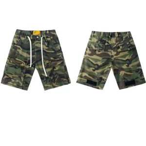 Vintage Camouflage Straight Leg Mid Waist Nylon Cotton Denim Shorts Loose Fit Spring Season Men’s