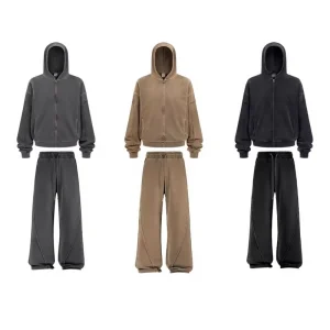 Vintage Casual Men’s Clothing Set 100% Cotton Knitted Digital Printed Washed Terry Sweatshirt Sweatpants Frayed Edge