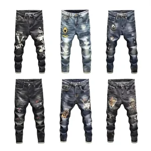 Vintage Denim Men’s Breathable Tie Dye Printed Tight Fitting Summer Trend Mid Rise Boyfriend Long