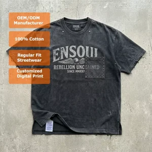 Vintage Distressed Acid Wash 280GSM Heavyweight Cotton Oversized Men’s Short Sleeve T Shirt Rivet Pocket Full Customization