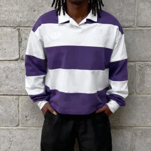 Vintage Embroidery Stripes Drop Shoulder Oversized Boxy Shirt Custom Streetwear Men’s Long Sleeve Rugby Polo Shirts