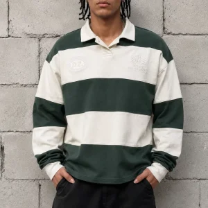 Vintage Embroidery Stripes Knitted Breathable Drop Shoulder Oversized Boxy Shirt Custom Streetwear Men’s Long Sleeve Rugby