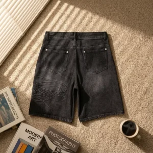Vintage Letter Print Breathable Denim Shorts Men’s Loose Fit Knee Length Summer Casual Streetwear OEM Custom with Embroidery