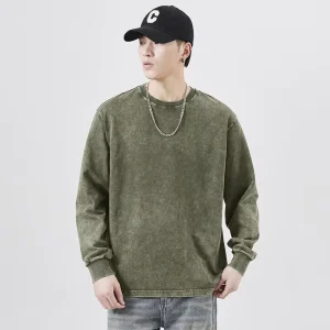 Vintage Men’s Crew Neck Sweatshirt Acid Washed 100% Cotton French Terry Customized Print Casual Blank Spring