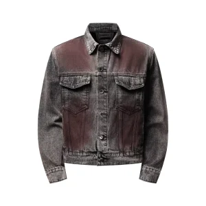 Vintage Men’s Denim Jacket Deconstructed Spliced Pleated Light Wash Streetwear Outerwear