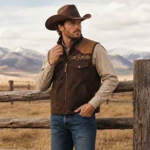 Vintage Print Men’s Lightweight Western Wear Vest with Pockets, Softshell Sleeveless Western Vest