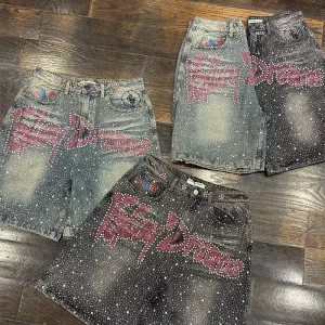 Vintage Summer Men’s Denim Shorts Rhinestone Straight Leg Jorts Washed Jeans for Street Style Hip Hop Fashion