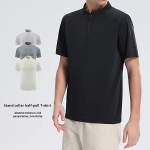 Vintage Summer Quick-Dry Men’s Stand Collar Loose Casual Running Training Sports Short Sleeve Half-Zip Fitness T-Shirt