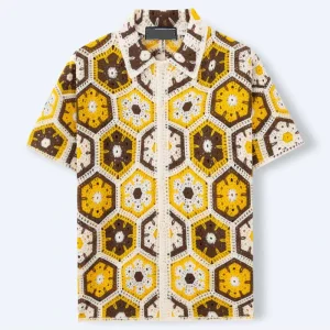 Vintage V neck Button Crochet Polo Shirt Fashion Acrylic Jacquard Short Sleeve Open Knit Summer Casual Top