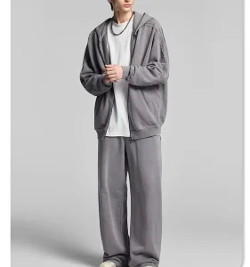 Vintage Washed 2 Piece Tracksuit Oversized Zip up Hoodie Wide Leg Pants Distressed Stitch Casual Streetwear Men’s Set