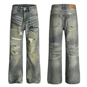 Vintage Washed Baggy Denim Pants Ripped Holes Streetwear High Waist Loose Trousers Male Distressed Jeans Men Women