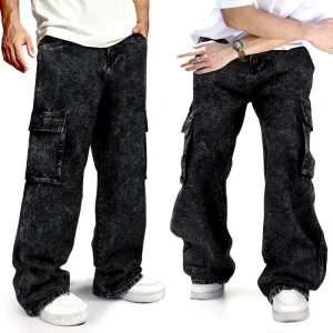 Vintage Washed Black Cargo Denim Pants Loose Baggy Jeans Men