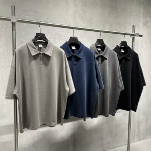 Vintage Washed Boxy Fit Polo Shirt Men’s Retro High Streetwear Short Sleeve Tee Distressed Cotton Knit Polo