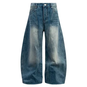 Vintage Washed Men’s Baggy Jeans Wide Leg Denim Pants Panelled Front Seam Streetwear Hip Hop Relaxed Loose Fit Denim Trousers