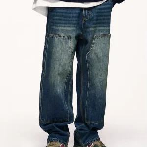 Vintage Washed Men’s Carpenter Jeans Streetwear Distressed Loose Fit Straight Leg Denim Pants Spring