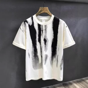 Vintage Washed Men’s Gradient Stripe Graphic Print Crew Neck Oversized T Shirt