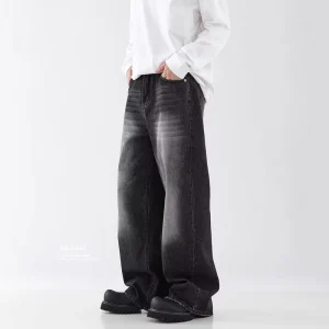 Vintage Washed Men’s Solid Breathable Jeans Ripped Straight Mid Waist Trendy Casual Style Long Slightly Stretchable Denim Autumn