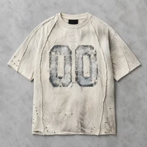 Vintage White Graphic Men’s T Shirt 230G 100% Cotton Distressed Number Print Loose Street Tee Custom Logo