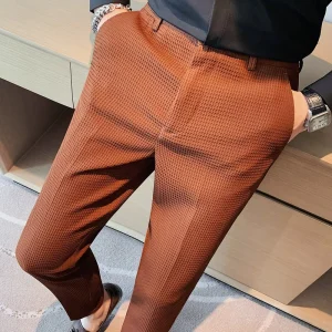 Waffle Casual Dress Pants Men’s Business Suit Slim fit Mid Rise Straight Breathable Quick Dry Canvas Non ironing Long Pants