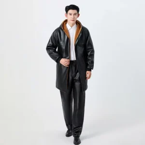 Warm Leather Jacket Men’s Long Thick Padded Gold Velvet Leather Coat with Hood Insulation