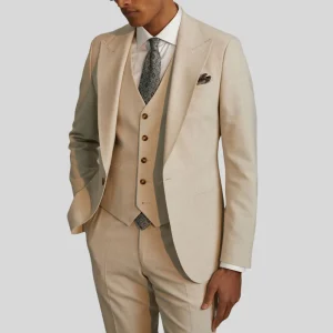 Wedding Business Men’s Double Slit Peaked Lapel Single Breasted Blazer Vest Pant 3 Pcs Suit Set for Men