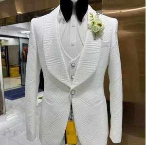 Wedding Suit Set for Groom 3 Pieces Men’s Fashion Suit One Button Shawl Neck Blazer Jacket Vest Pants